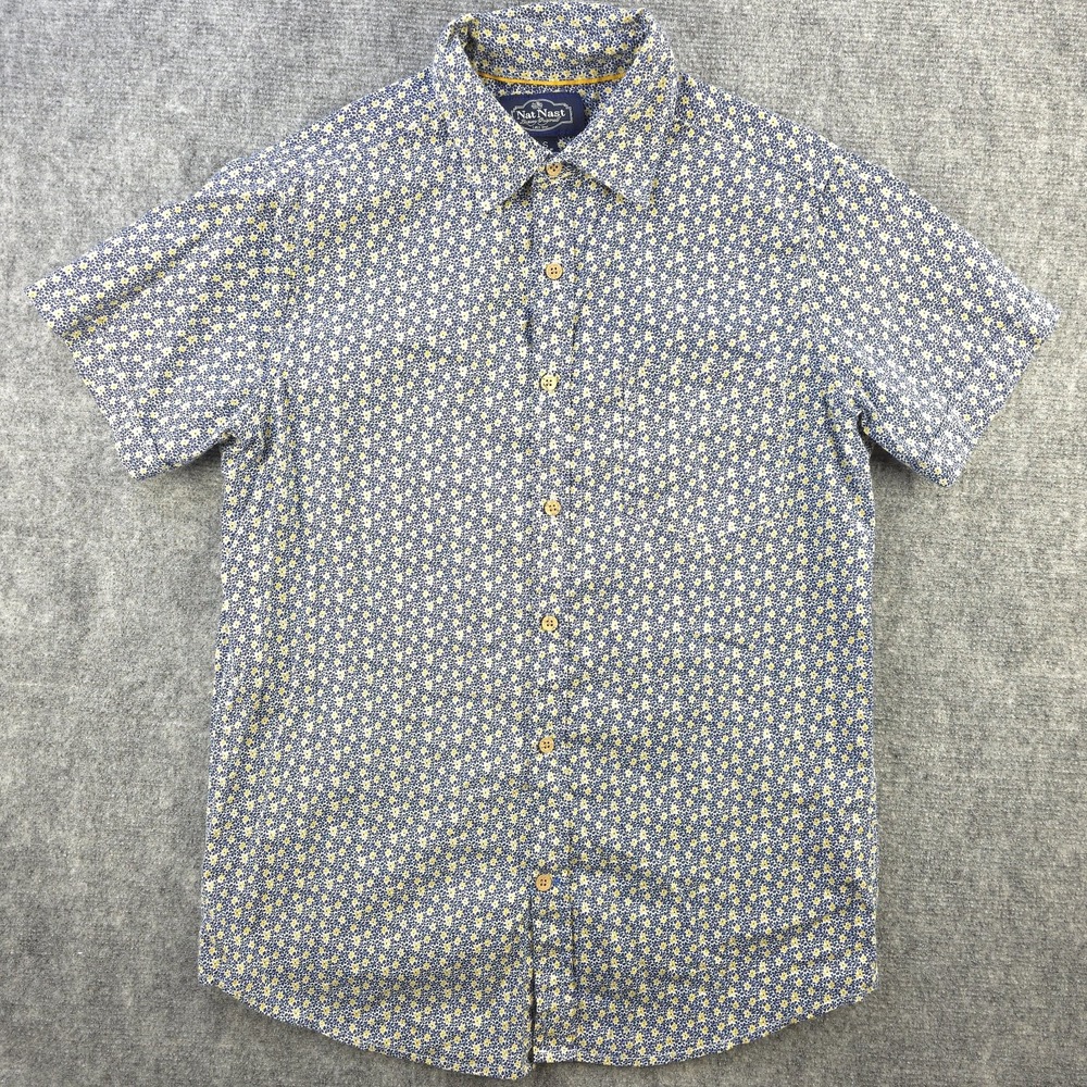 Nat Nast Shirt Small Short Sleeve‎ Button Up Blue Yellow Floral Geometric